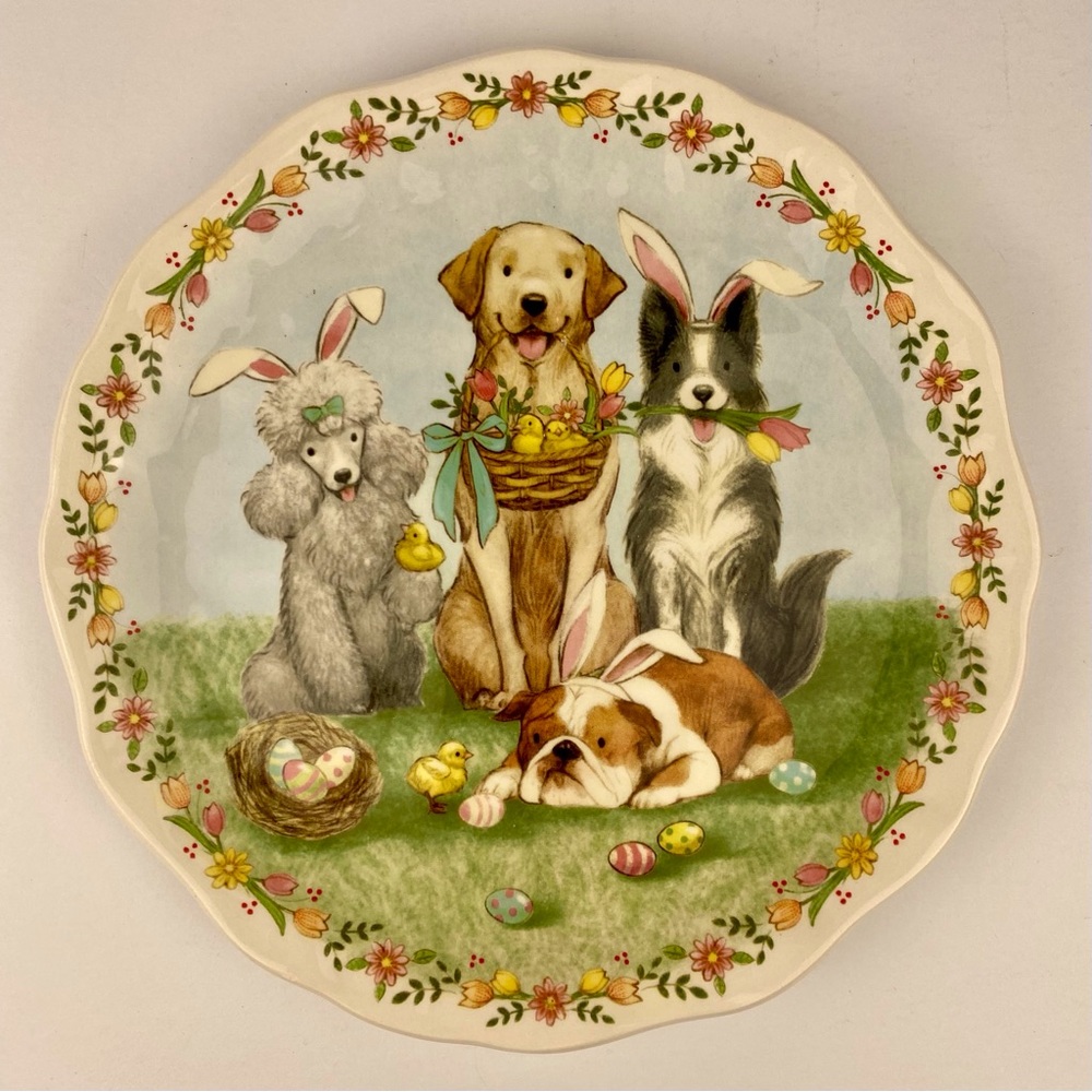 Pier 1 Easter Parade Plate, Dogs Bunny Ears, Decorative 9 in Side Salad Plate